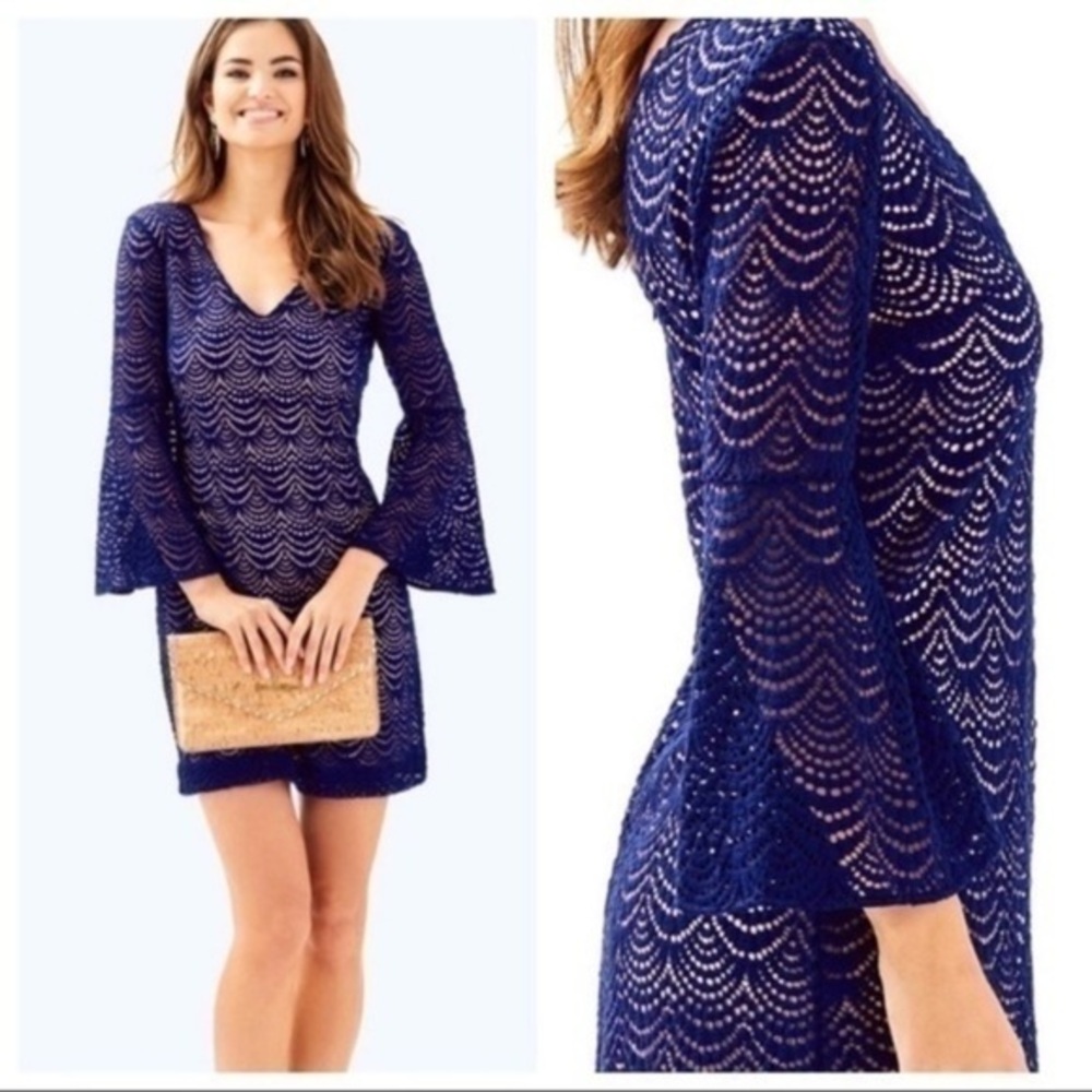 NWT Lilly Pulitzer Nicoline True Navy Bell Sleeve Lace Dress Small S M21